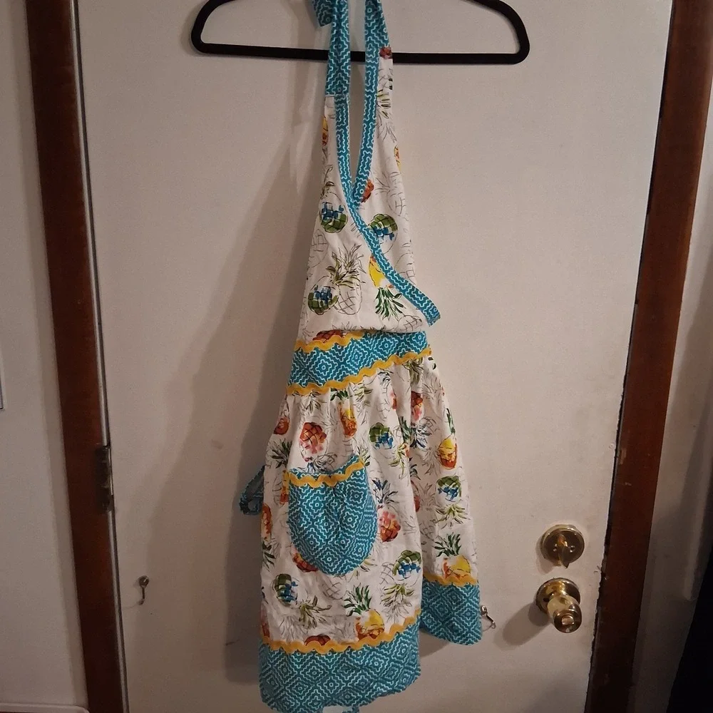 Vtg Pier 1 Apron AOP Bright Pineapple Teal Yellow Rickrack‎ Magenta Tradwife